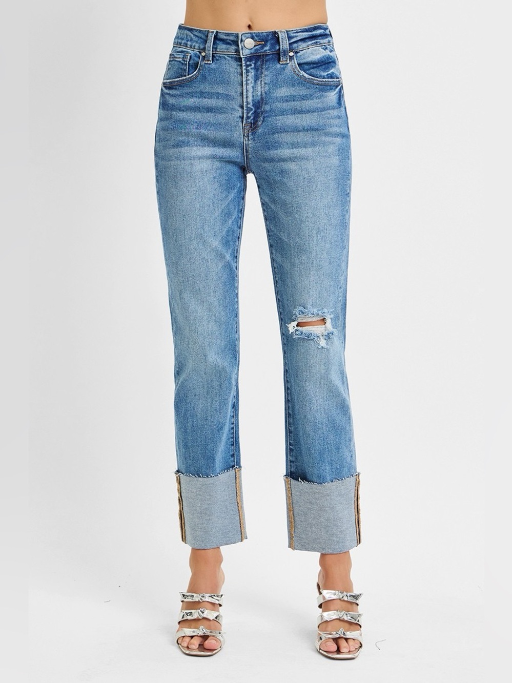 RISEN Full Size High Rise Ankle Straight Wide Cuffed Jeans Plus Size
